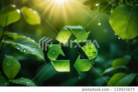 green recycling symbol on background of plants and leaves 119925673