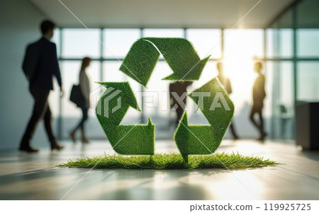 green recycling symbol in office on blurred background of employees 119925725