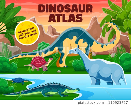 Atlas book cover with prehistoric dinosaurs and reptiles in jungle forest. Vector carbonemys, melanorosaurus, sarcosuchus, henodus and indricotherium dinosaur animals and prehistoric nature landscape 119925727