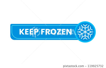 Keep Frozen icon for cold product or food package, vector blue snowflake emblem. Frozen product label for fresh refrigerated meat and fish or seafood, keep frozen emblem for cold food package 119925732