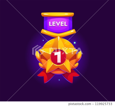 Game rank level up badge icon, victory shield award. Vector UI gold medal with star, ribbon banner and laurel wreath. Game level up award, achievement bonus and winner trophy, golden star shield icon Game rank level up badge icon, victory shield award. Vector UI gold medal with star, ribbon banner and laurel wreath. Game level up award, achievement bonus and winner trophy, golden star shield icon 119925733