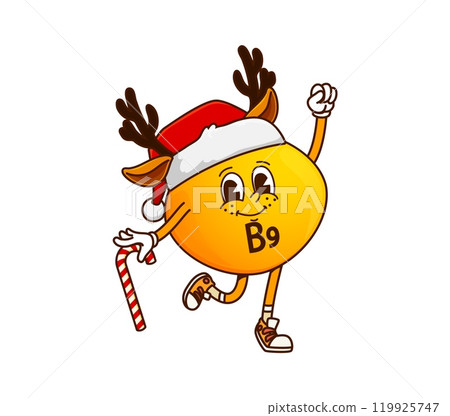 Christmas vitamin B9 cartoon groovy character in Santa hat and reindeer antlers, vector holiday emoji. Funny micronutrient or groovy vitamin B9 with happy face, deer antlers and Christmas candy cane Christmas vitamin B9 cartoon groovy character in Santa hat and reindeer antlers, vector holiday emoji. Funny micronutrient or groovy vitamin B9 with happy face, deer antlers and Christmas candy cane 119925747