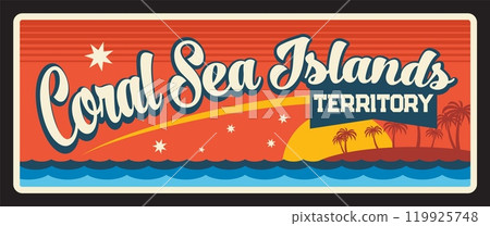 Coral Sea Islands territory vintage travel plate. Australian state vintage plaque with sunset and sea, palm trees on island. Vector tropical resort sign, travel destination postcard, tourist billboard 119925748