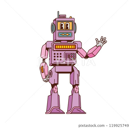 Cartoon retro groovy robot character with playful expression, antenna and friendly smile. Vintage futuristic personage with knobs, gears and metallic limbs, exuding fun, nostalgic sci-fi vibe of 1980s Cartoon retro groovy robot character with playful expression, antenna and friendly smile. Vintage futuristic personage with knobs, gears and metallic limbs, exuding fun, nostalgic sci-fi vibe of 1980s 119925749