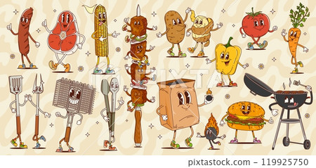 Retro cartoon groovy bbq barbeque characters with psychedelic grilled food and barbecue tools. Groovy vector personages of cute bbq meat, sausage, steak and vegetables, barbecue grate, charcoal grill Retro cartoon groovy bbq barbeque characters with psychedelic grilled food and barbecue tools. Groovy vector personages of cute bbq meat, sausage, steak and vegetables, barbecue grate, charcoal grill 119925750