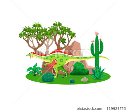 Raptor prehistoric dinosaur character. Isolated cartoon vector colorful carnivore bipedal dino with red feathers at lush landscape with tree and cacti. Ancient reptile animal at Jurassic era scene Raptor prehistoric dinosaur character. Isolated cartoon vector colorful carnivore bipedal dino with red feathers at lush landscape with tree and cacti. Ancient reptile animal at Jurassic era scene 119925753