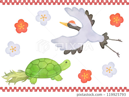Hand drawn crane and turtle illustration set 119925793