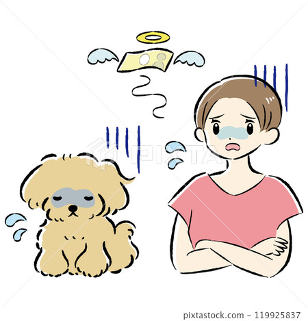 Illustration set of an unwell dog and its female owner struggling with medical expenses 119925837