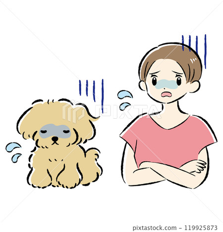 Illustration set of an unwell dog and a worried female owner 119925873