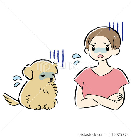 一隻不適的狗和一位憂心忡忡的女主人的插圖集 119925874