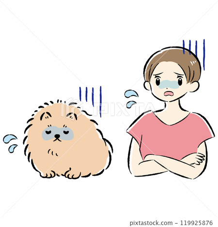Illustration set of an unwell dog and a worried female owner 119925876