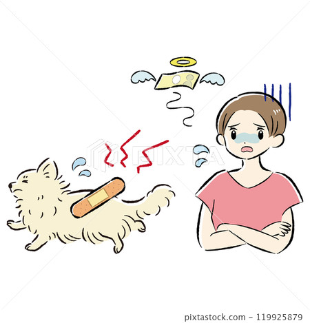 Illustration set of an injured dog and a worried female owner Illustration set of an injured dog and a worried female owner 119925879
