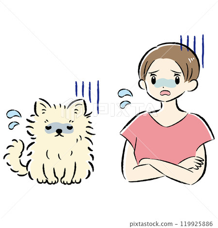 Illustration set of an unwell dog and a worried female owner 119925886