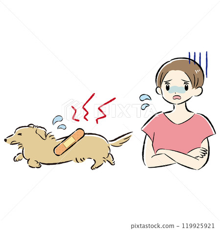 Illustration set of an injured dog and a worried female owner 119925921