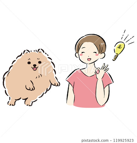Illustration set of a jumping dog and an owner who comes up with an idea Illustration set of a jumping dog and an owner who comes up with an idea 119925923