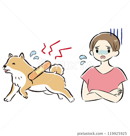 Illustration set of an injured dog and a worried female owner Illustration set of an injured dog and a worried female owner 119925925