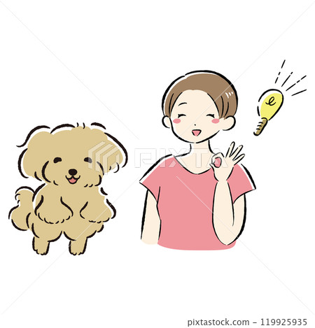 一隻跳躍的狗和一個想出一個主意的主人的插圖集 一隻跳躍的狗和一個想出一個主意的主人的插圖集 119925935