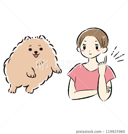 Jumping dog and owner pointing (coming up with an idea) illustration set 119925960