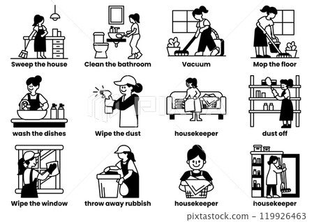 Set of icons in the concept of cleaning staff doing housework in a line style Set of icons in the concept of cleaning staff doing housework in a line style 119926463