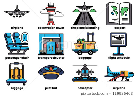 Set of icons in the concept of airports and airplanes in line style Set of icons in the concept of airports and airplanes in line style 119926468