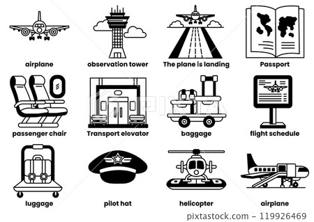 Set of icons in the concept of airports and airplanes in line style 119926469