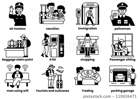 A series of images depicting various activities related to travel 119926471