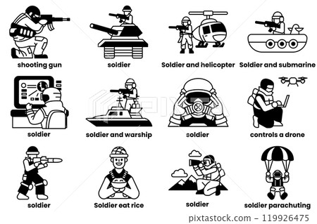 Set of icons in the concept of soldiers in various poses in line style 119926475