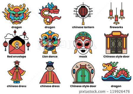 Icon set in the concept of things related to China in a line style Icon set in the concept of things related to China in a line style 119926476