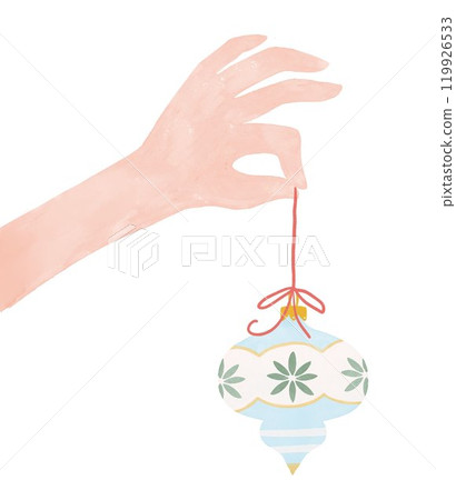 Hand with Christmas tree decoration . Naive style watercolor illustration. Christmas clip art for invitation cards and presents. 119926533
