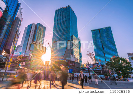 Tokyo cityscape in Japan, overlooking Shibuya Scramble Crossing bathed in the morning sun (October 21) Tokyo cityscape in Japan, overlooking Shibuya Scramble Crossing bathed in the morning sun (October 21) 119926556