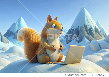 A funny squirrel freelancer works on laptop on snowdrift in mountains 119926572