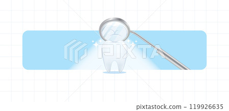 Dental checkup banner text box with healthy tooth and mirror illustration vector design on blue. Dental care concept. 119926635