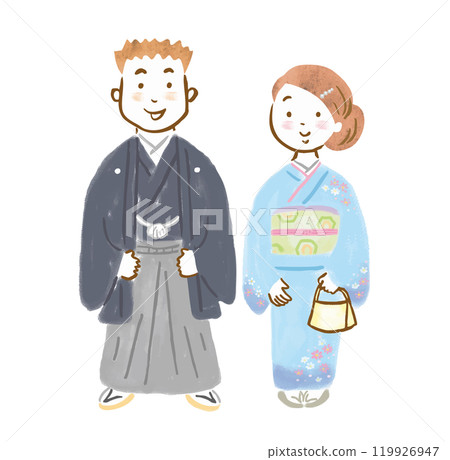 穿著日本衣服的男人和女人的手繪插圖 穿著日本衣服的男人和女人的手繪插圖 119926947