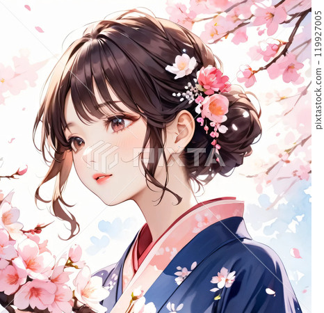 Young Japanese woman in kimono with cherry blossoms 119927005
