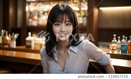 美麗的亞洲女人在酒吧放鬆 119927150