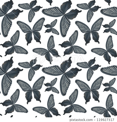 Black Swallowtail butterfly hand painted watercolor seamless pattern isolated on white. Perfect for scrapbooking, wrapping paper, scarfs, handbags, textile, stationary, cards design. Black and white Black Swallowtail butterfly hand painted watercolor seamless pattern isolated on white. Perfect for scrapbooking, wrapping paper, scarfs, handbags, textile, stationary, cards design. Black and white 119927317