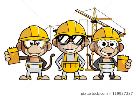 Cool monkeys construction workers in a protective helmet Cool monkeys construction workers in a protective helmet 119927387