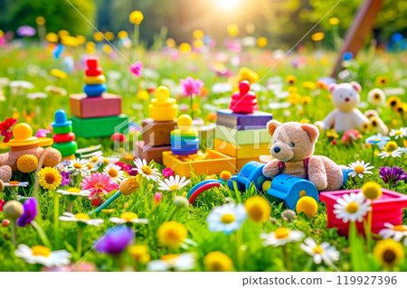 Various colorful children's toys on a spring flower meadow Various colorful children's toys on a spring flower meadow 119927396