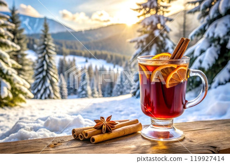 A glass of hot mulled wine with spices, winter landscape 119927414