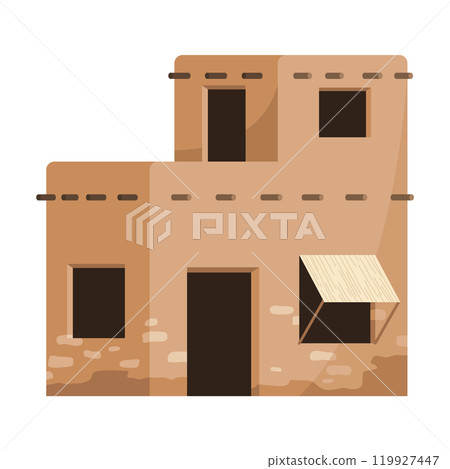 Traditional building icon. Authentic cartoon rural home vector illustration. Typical village hut, rural house design isolated on white 119927447
