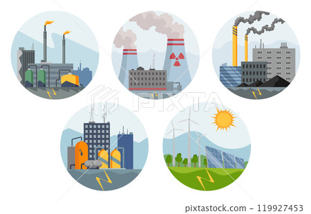 Energy production diagram. Industrial power station technology for energy generation. Different types of factory buildings of heavy industry. Flat vector illustration isolated on white background Energy production diagram. Industrial power station technology for energy generation. Different types of factory buildings of heavy industry. Flat vector illustration isolated on white background 119927453