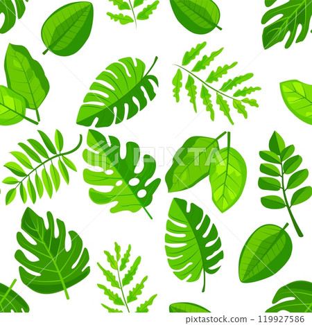seamless pattern of vibrant green leaves on a white background. Various leaf shapes and sizes create a fresh, natural, and tropical appearance, perfect for eco-friendly or botanical projects 119927586