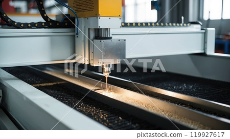 Industrial laser cutting machine focused on precision manufacturing processes 119927617