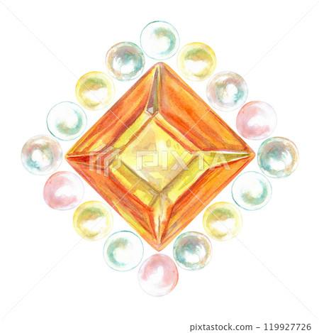 Pearl beads surrounding orange crystal four sided faceted gem hand-painted in watercolor. Brooch for necklace from precious pearls stringing in rhombic shape. Illustration drawn of mother-of-pearl sea Pearl beads surrounding orange crystal four sided faceted gem hand-painted in watercolor. Brooch for necklace from precious pearls stringing in rhombic shape. Illustration drawn of mother-of-pearl sea 119927726