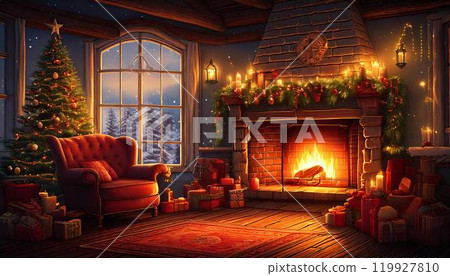 A room with a fireplace decorated for Christmas Christmas image 119927810