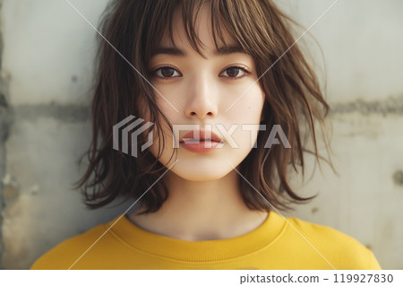 AI-generated image of a beautiful woman wearing a knitted sweater AI-generated image of a beautiful woman wearing a knitted sweater 119927830