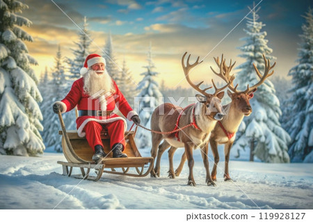New Year, Christmas. Santa Claus on deer harnesses in winter forest 119928127