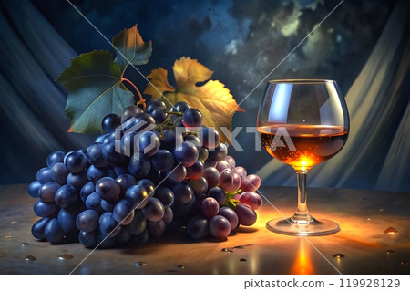 A pleasant good evening. A glass of wine, a bunch of grapes by candlelight 119928129