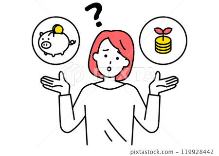 Casual woman wondering whether to save or invest 119928442