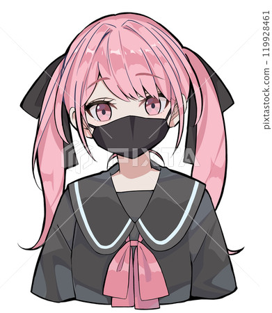Bust-up of a woman with pink hair in twin tails wearing a mask 119928461